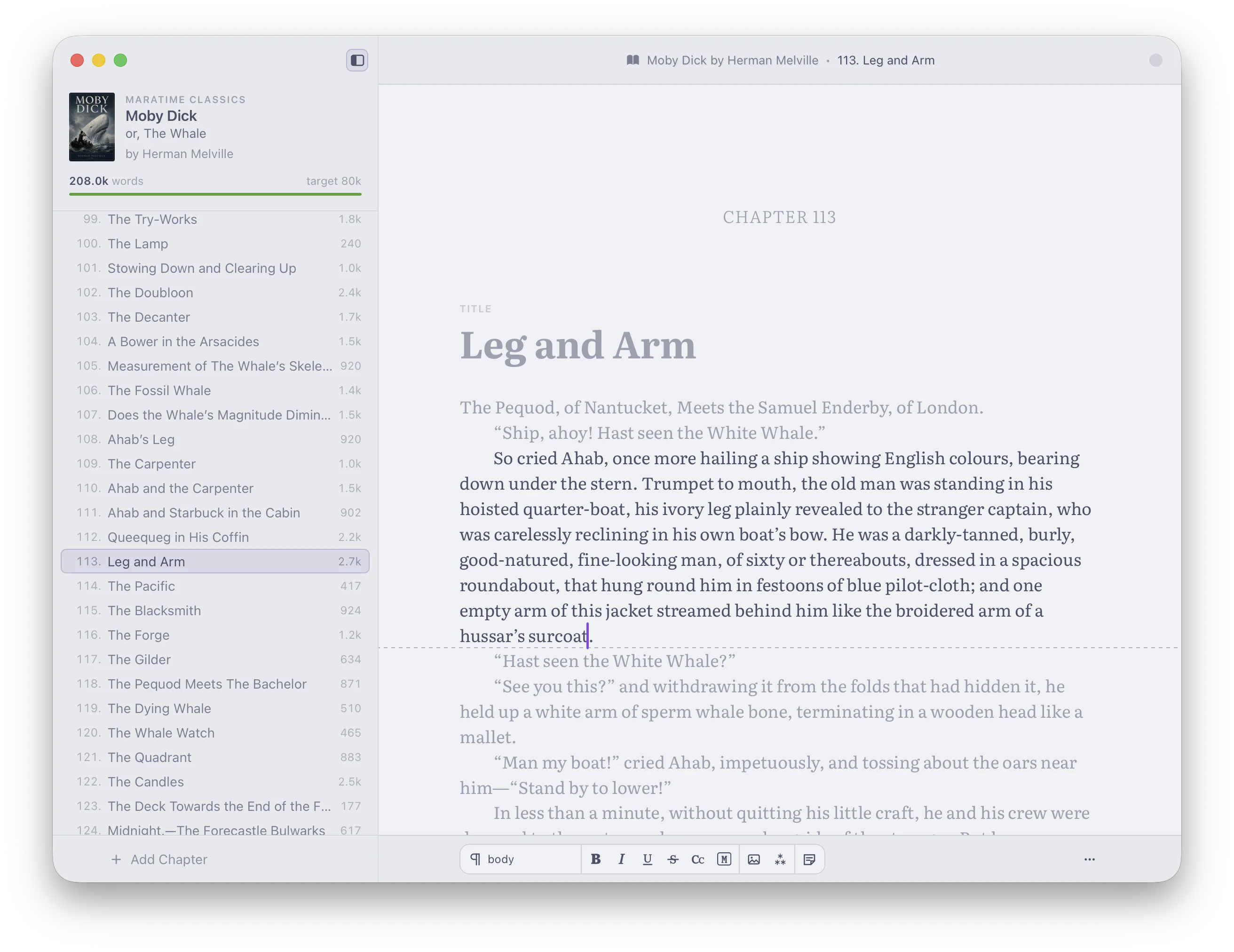 Ishmael’s chapter pane showing the chapters of Moby-Dick, with a drag-to-reorder gesture in progress