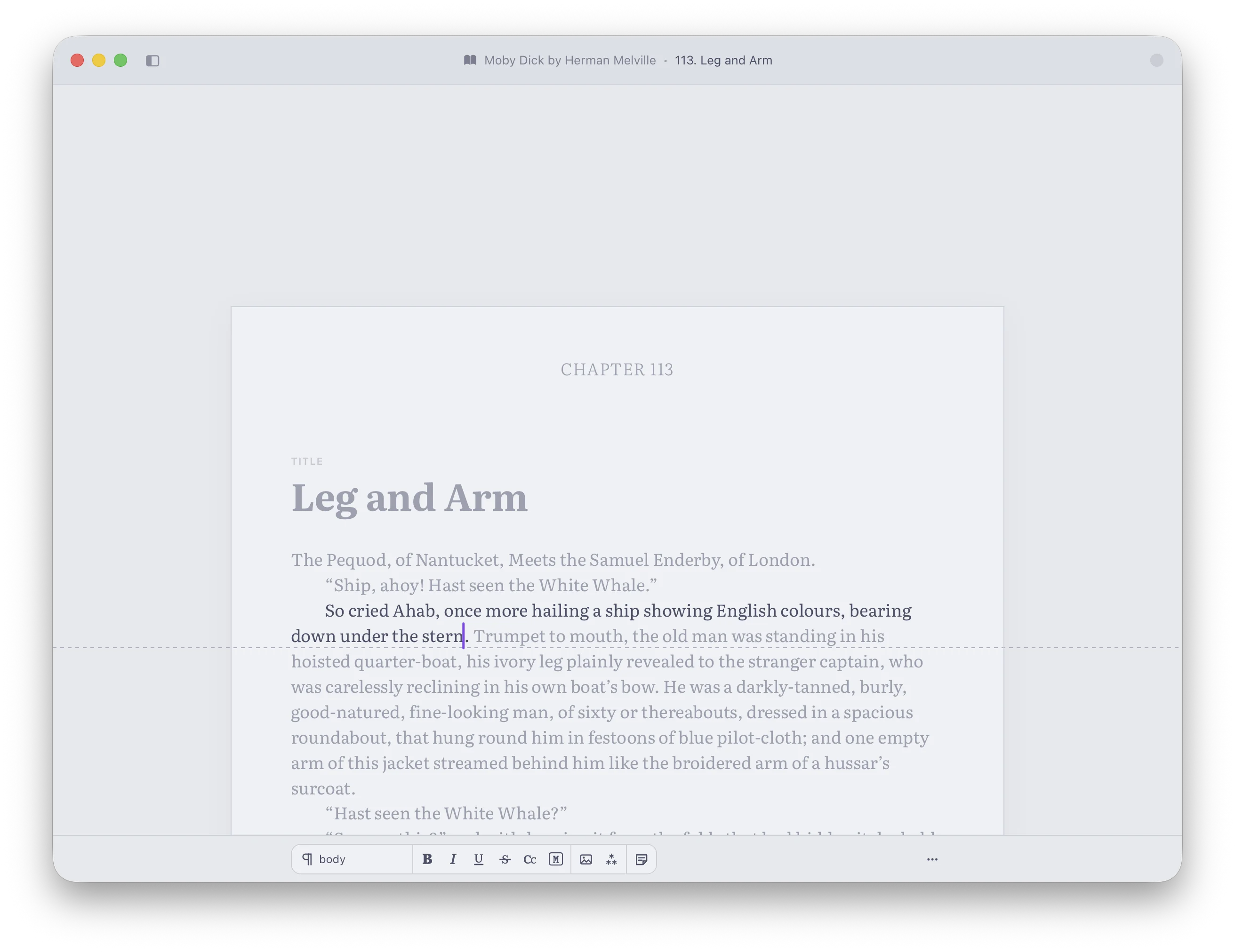 Ishmael’s writing surface with its tailored typography and focus mode highlighting the active sentence