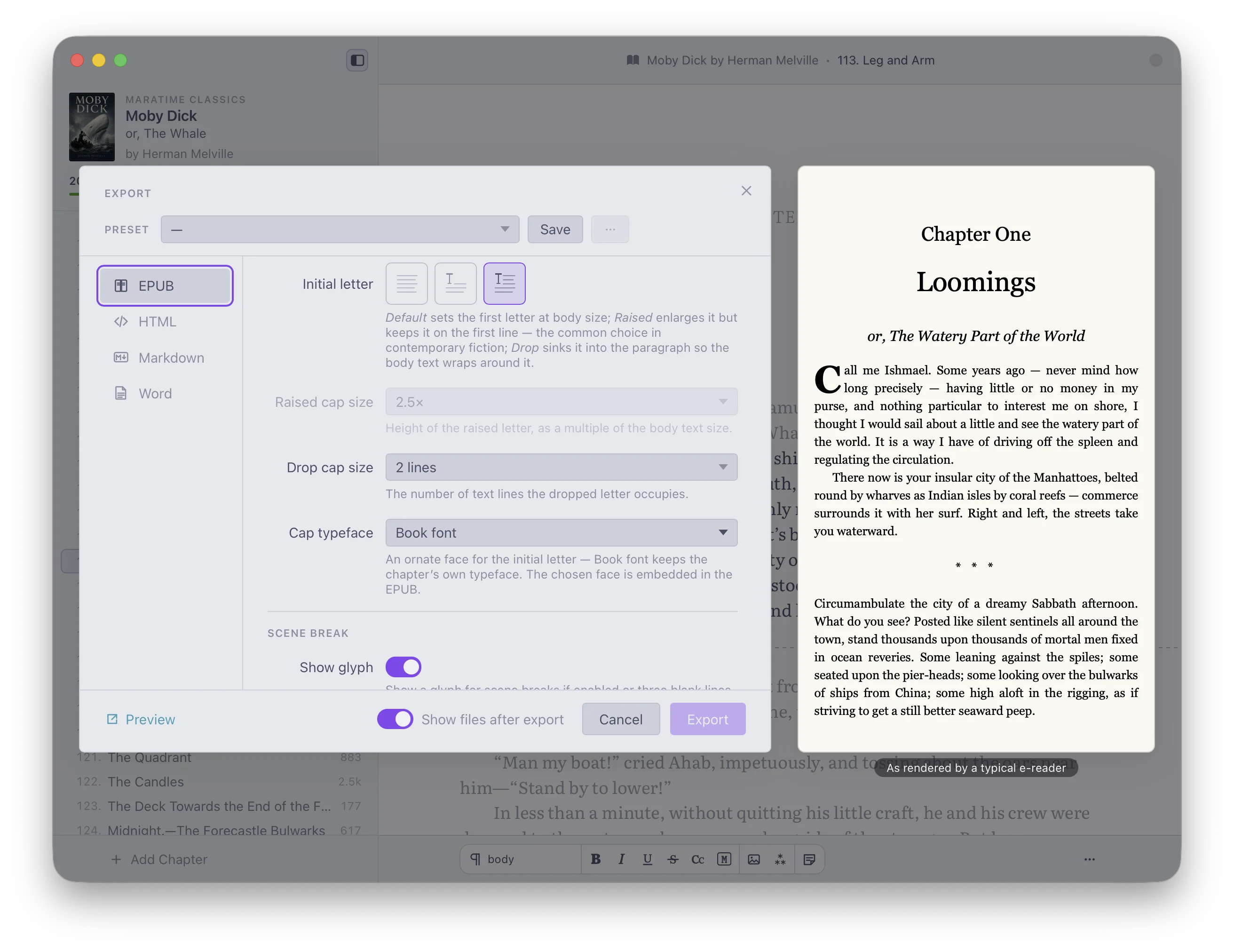 Ishmael’s export dialog, choosing a format for a manuscript