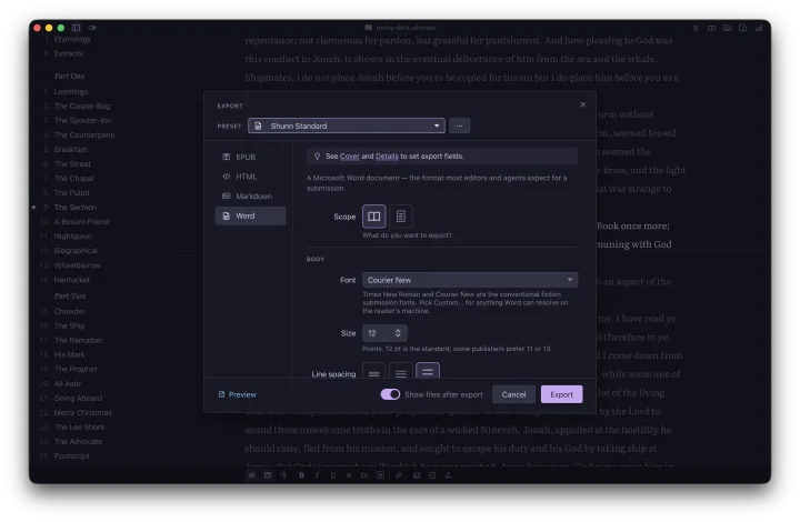 Ishmael screenshot in dark mode